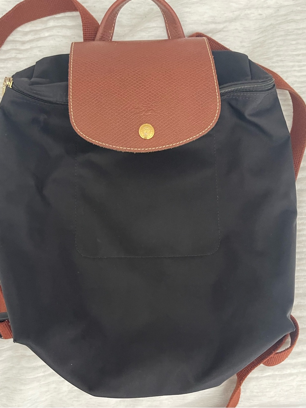 Longchamp Classic Black Nylon Backpack with Brown Trim